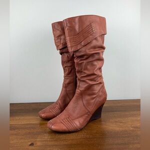 Bronx Mia Slouch Side Zipper Knee High Brown Leather Wedge Boot Women's 8M.